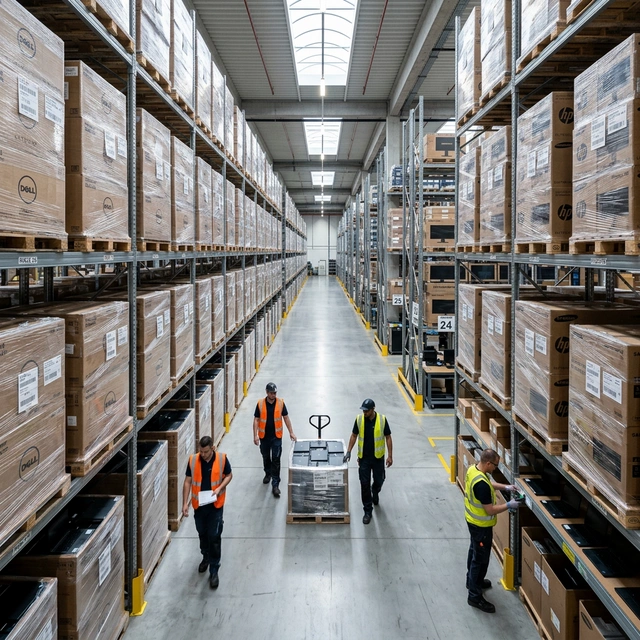 Pallets of business laptops and monitors in a clean logistics environment